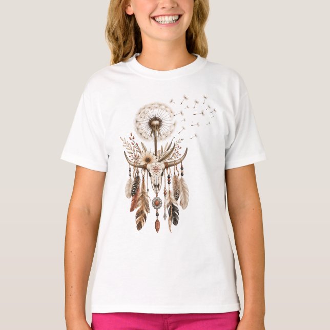 Boho Feather Western Dandelion T-Shirt (Front)