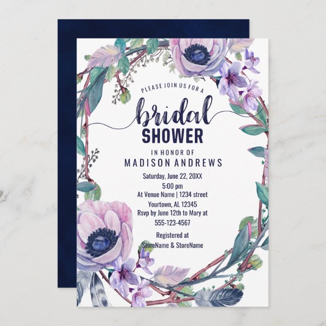 Boho Feather Wreath Bridal Shower Invitation (Front/Back)