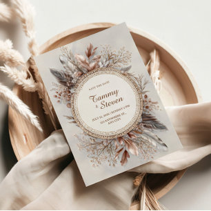 Boho Feather Wreath Earth Tone Gold Frame Wedding Invitation