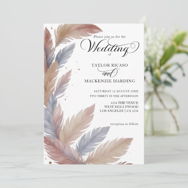 Boho feathers and elegant script photo wedding invitation (Standing Front)