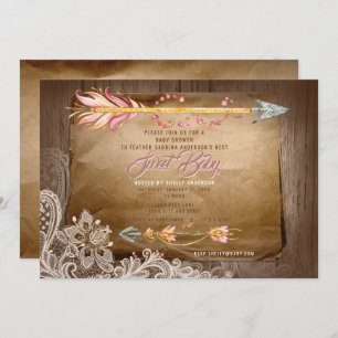 BOHO Feathers and Lace It's a Girl Baby Shower Invitation