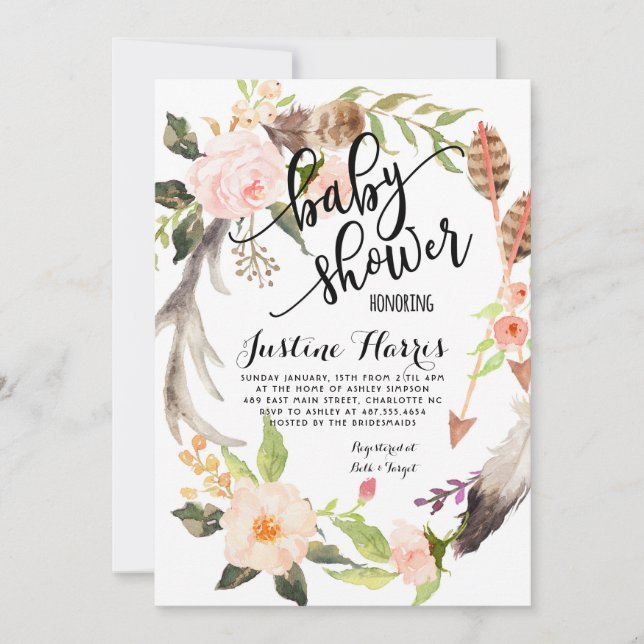Boho feathers Baby Shower Invitation (Front)