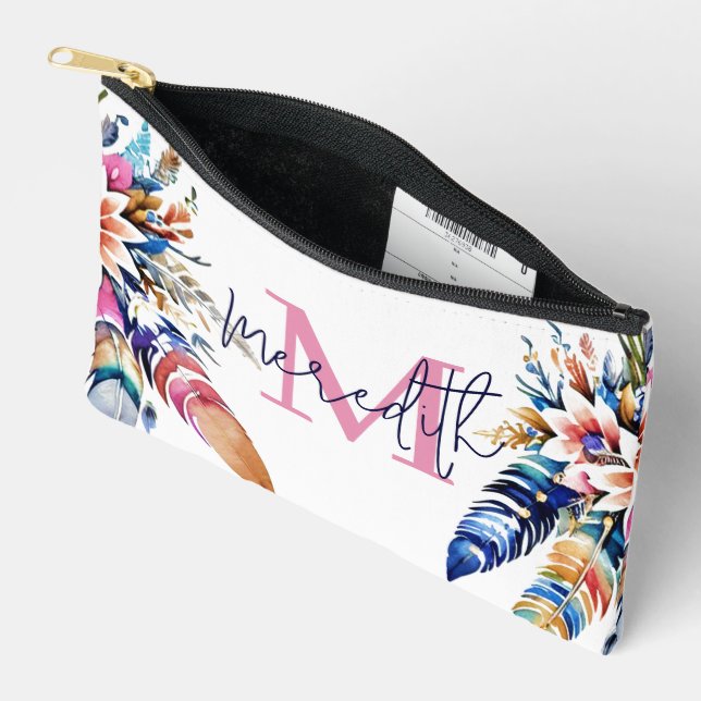 Boho feathers border personalised accessory pouch (Open)