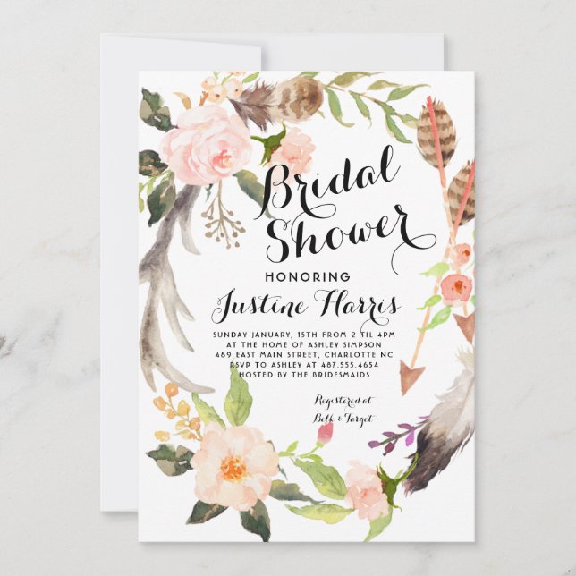 Boho feathers Bridal Shower Invitation (Front)