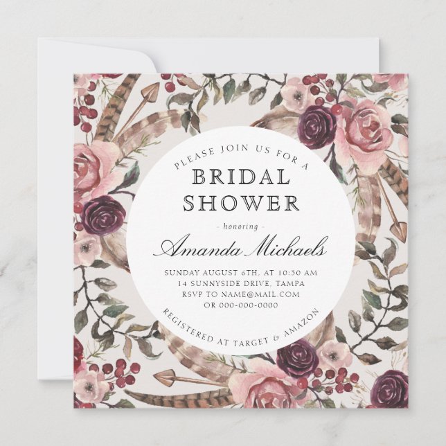 Boho Feathers Burgundy Beige Floral Bridal Shower Invitation (Front)