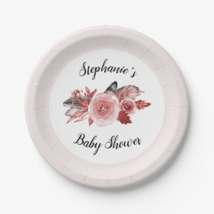 Boho Feathers Burgundy Blush Baby Shower Paper Plate
