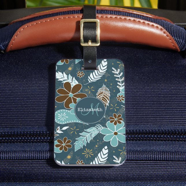 Boho feathers doodle flowers teal turquoise brown luggage tag (Front Insitu 2)
