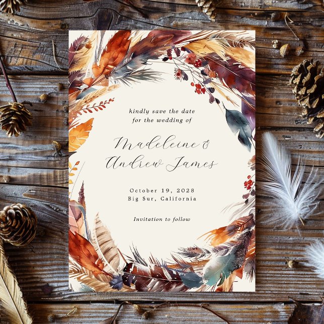 Boho Feathers Fall Foliage Calligraphy Wedding Save The Date (Creator Uploaded)