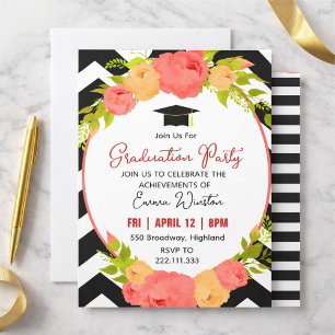 Boho Feathers & Floral Wreath Graduation Party Invitation