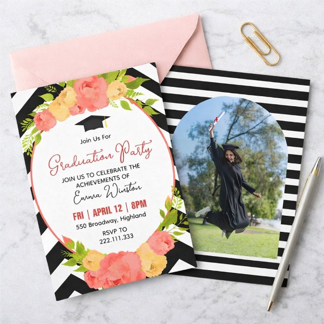 Boho Feathers & Floral Wreath Graduation Party Invitation (Creator Uploaded)