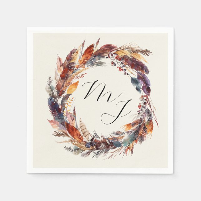 Boho Feathers Floral Wreath Monogram Wedding Napkin (Front)