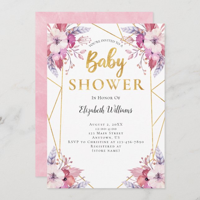 Boho Feathers Flowers Geometric Frame Baby Shower Invitation (Front/Back)