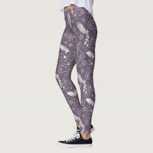 boho feathers flowers pattern on purple ANY colour Leggings