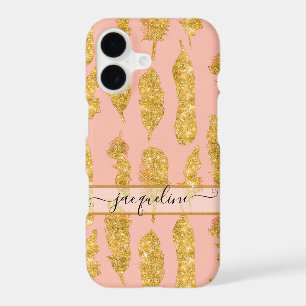 Boho Feathers Gold Glitter Blush Pink Script Name