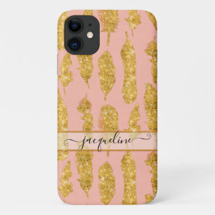 Boho Feathers Gold Glitter Blush Pink Script Name Case-Mate iPhone Case