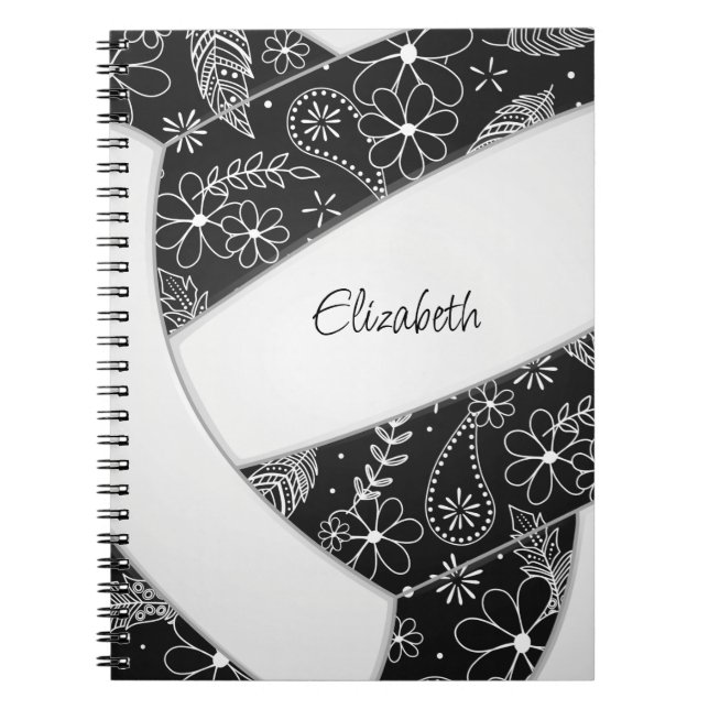 Boho feathers paislies black white volleyball notebook (Front)