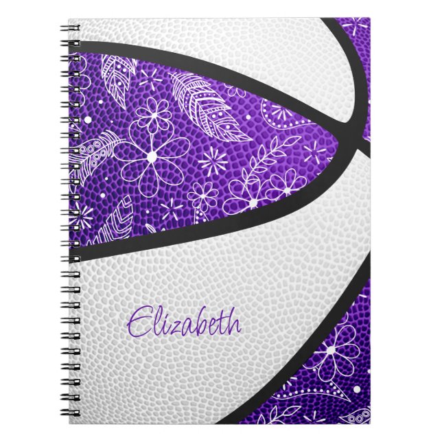 Boho feathers paislies purple white basketball notebook (Front)