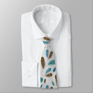 Boho Feathers Pattern Blue Brown Tie