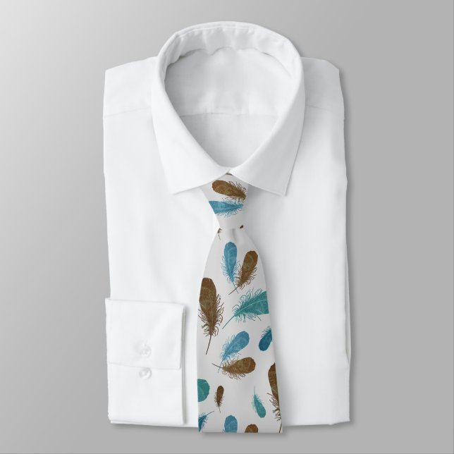 Boho Feathers Pattern Blue Brown Tie (Tied)