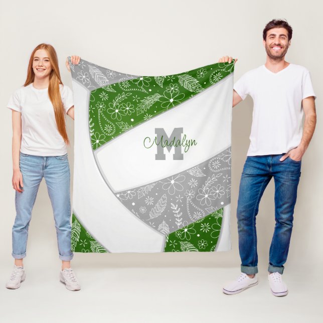 Boho feathers pattern green grey volleyball fleece blanket (In Situ)