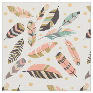 Boho Feathers Pattern on White Fabric