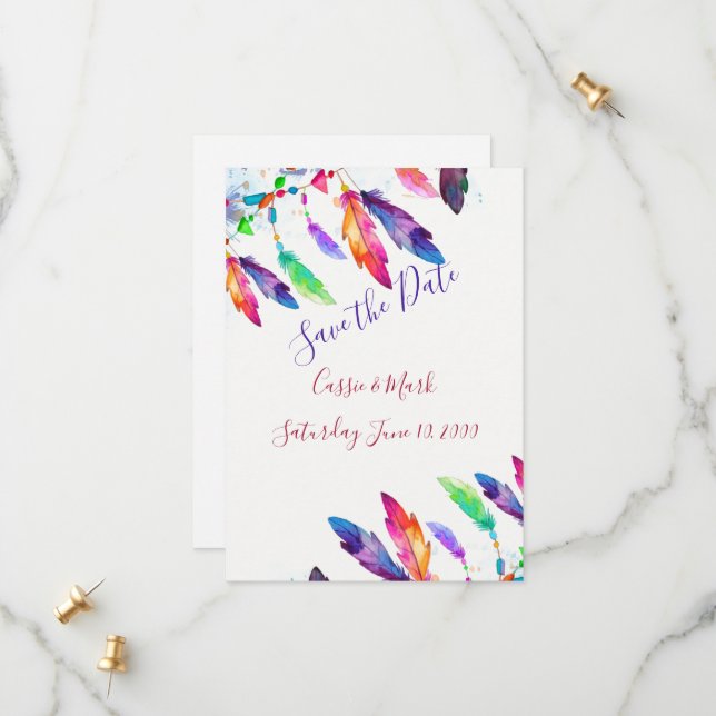 Boho feathers personalised save the date (Front/Back In Situ)