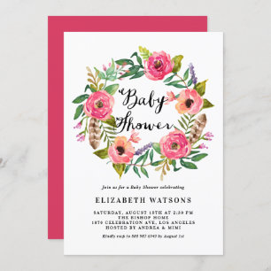 Boho Feathers Pink Floral Wreath Baby Shower Invitation
