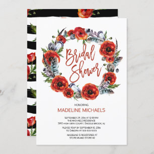 Boho Feathers Poppy Floral Fall Bridal Shower Invitation