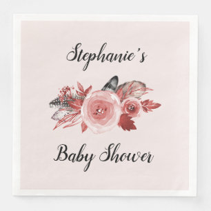 Boho Feathers Roses Blush Baby Shower Napkin