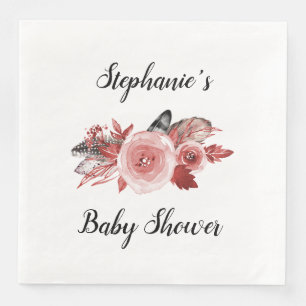 Boho Feathers Roses Burgundy Baby Shower Napkin