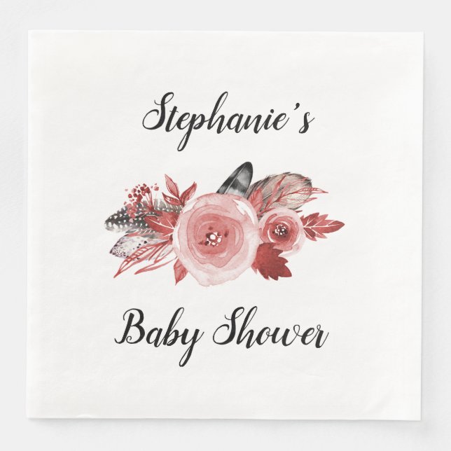 Boho Feathers Roses Burgundy Baby Shower Napkin (Front)