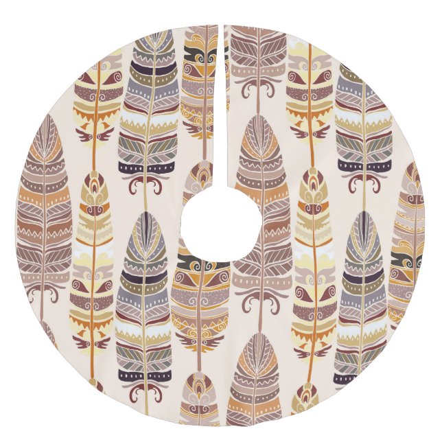 Boho Feathers: Tribal Seamless Pattern Brushed Polyester Tree Skirt (Front)