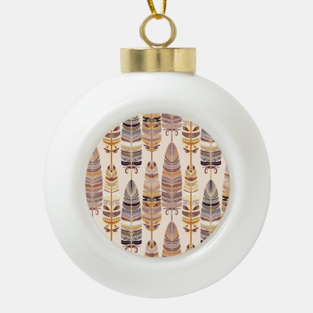 Boho Feathers: Tribal Seamless Pattern Ceramic Ball Christmas Ornament (Front)