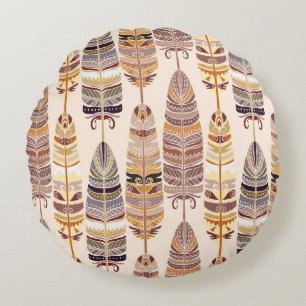 Boho Feathers: Tribal Seamless Pattern Round Cushion