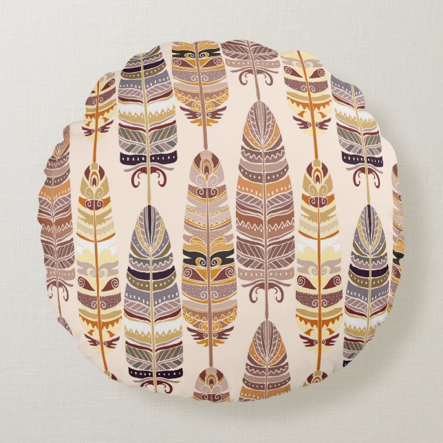 Boho Feathers: Tribal Seamless Pattern Round Cushion (Front)