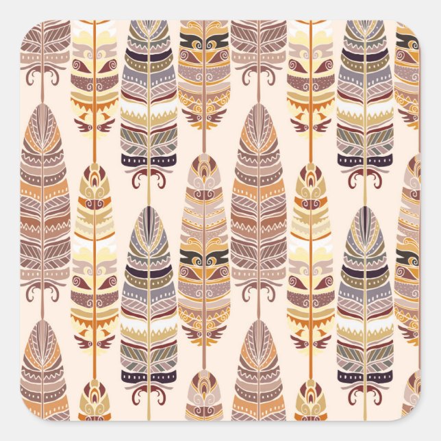 Boho Feathers: Tribal Seamless Pattern Square Sticker (Front)