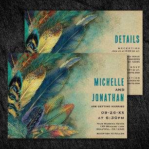 Boho Feathers Turquoise Teal All in One Wedding Invitation