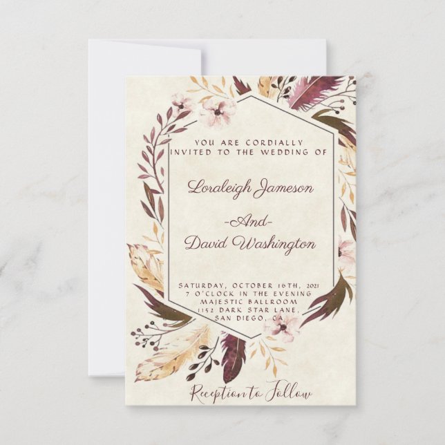Boho feathers wedding invitation (Front)