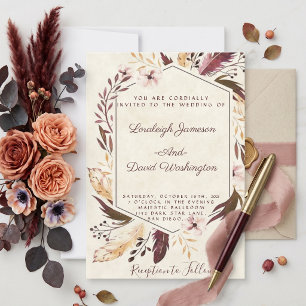 Boho feathers wedding invitation