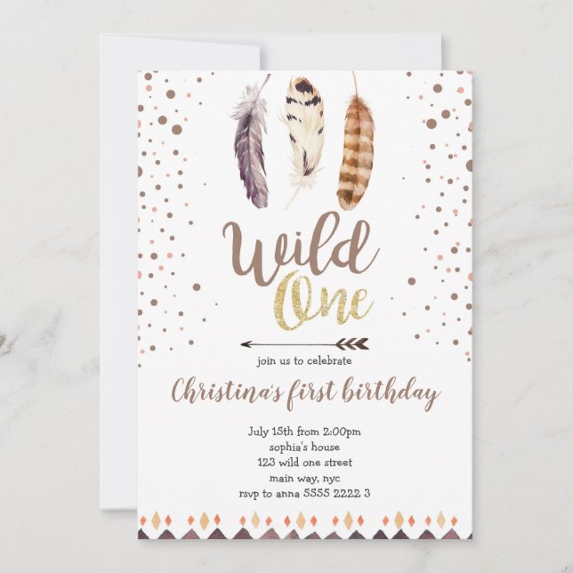 Boho Feathers Wild One Gold Girl First Birthday Invitation (Front)