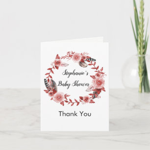 Boho Feathers Wreath Baby Shower Thank You Card