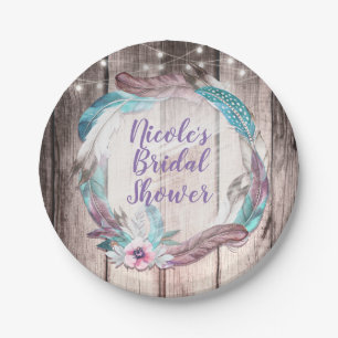 Boho Feathers Wreath & String Lights Bridal Shower Paper Plate