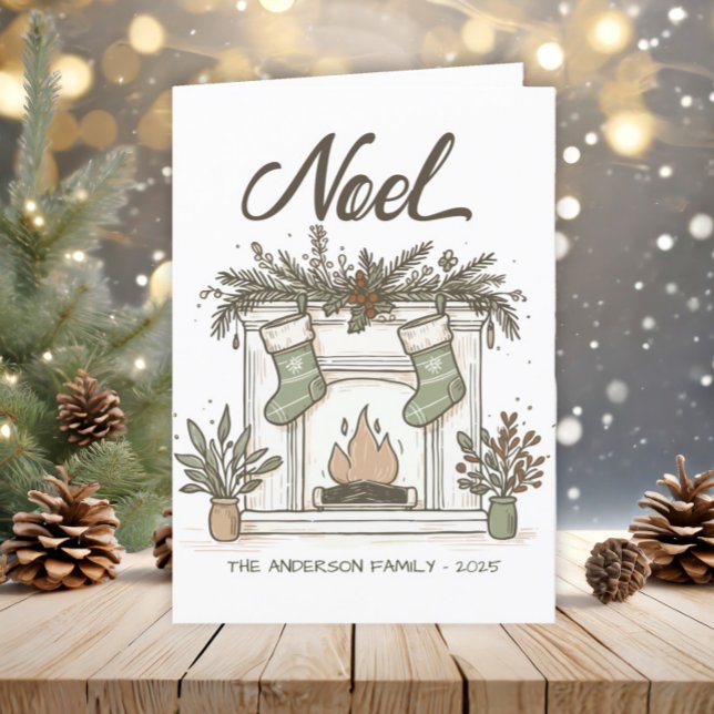 Boho Fireplace Stockings Rustic Earth Tones  Holiday Card ("Noel" fireplace Christmas greeting card)