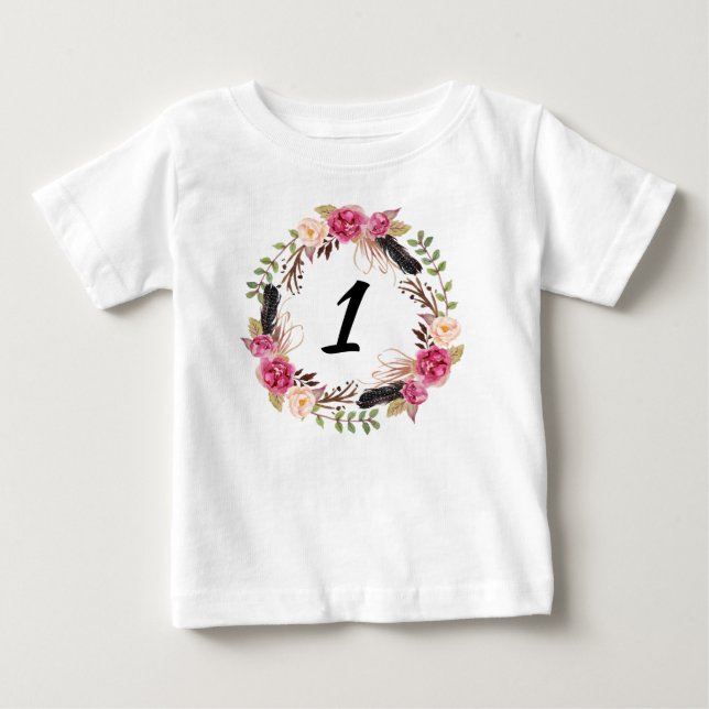 Boho First Birthday Pretty 1st Year Floral Girly Baby T-Shirt (Front)