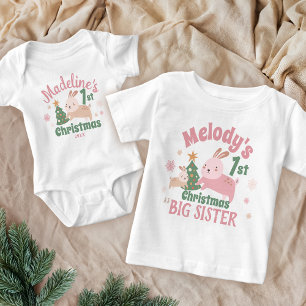Boho First Christmas with Cute Rabbit, Tree, Name Baby T-Shirt