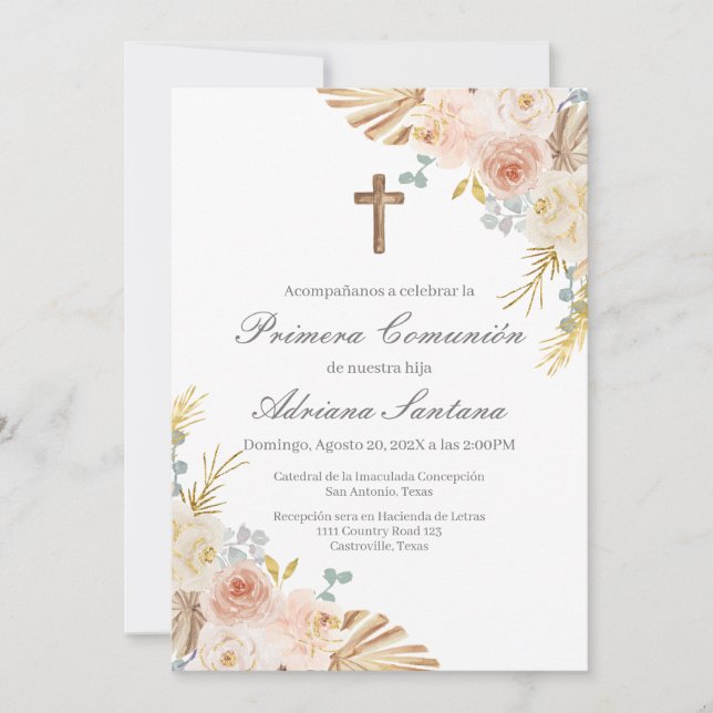 Boho first communion invitation in spanish (Front)