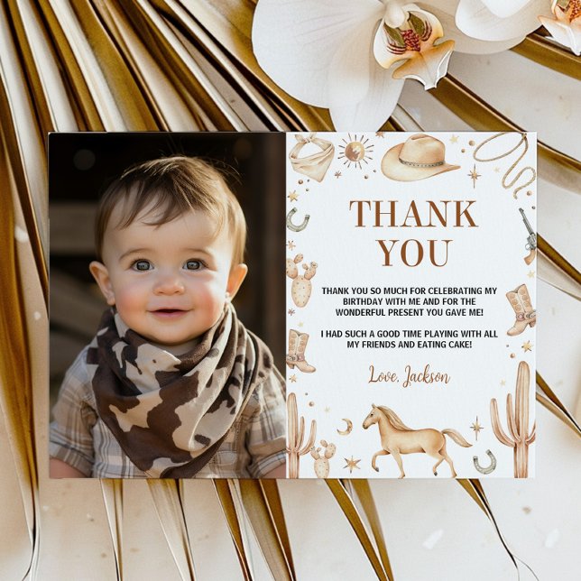 Boho First Rodeo Birthday Photo Thank You Card (Creator Uploaded)