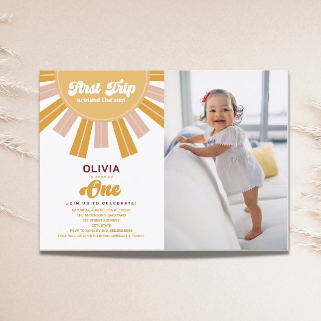 Boho First Trip Around Sun First Birthday Photo Invitation (Creator Uploaded)