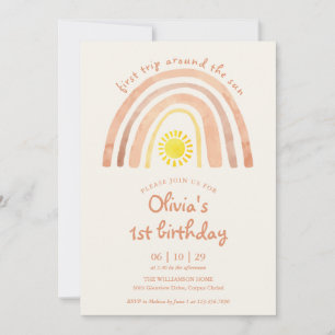 Boho First Trip Around Sun Rainbow 1st Birthday Invitation