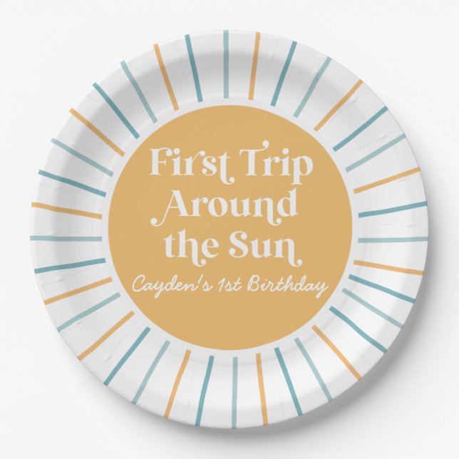 Boho First Trip Around the Sun 1st birthday Paper  Paper Plate (Front)